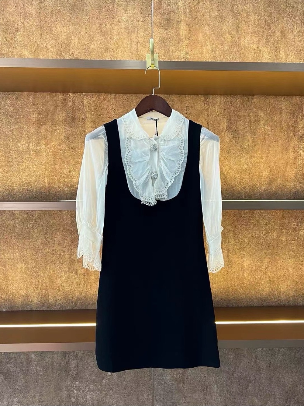 🚩steal Miu Miu Black Mini Dress with White Lace Blouse Detail